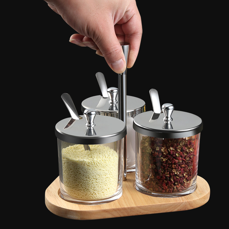 调料组合套装收纳盒勺盖一体调味罐玻璃盐糖味精三件套防潮调味盒