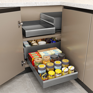 厨房转角拉篮橱柜内窄柜拐角收纳筐抽拉式置物架调味料抽屉储物盒
