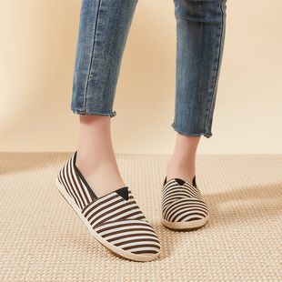 休闲圆头平底老北京女士V松紧一脚蹬单鞋 布语堂山棕纳底布鞋 夏季