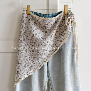 裙屁帘半身裙 系带裤 复古法式 三角包头防晒薄丝巾女叠穿腰带一片式