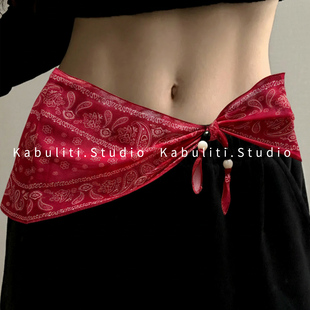 红色复古腰果三角小丝巾女下摆叠穿裤裙屁帘腰带外搭半身裙薄围巾