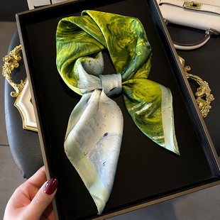 小方巾丝巾女绿色油画春秋夏季护颈围脖子防晒空姐薄围巾70x70