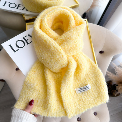 针织毛线厚围巾嫩黄鹅黄色可爱甜美少女生秋冬季儿童护颈短小围脖