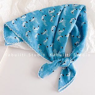 海鸥图案小方巾丝巾女三角包头防晒搭配衬衫护颈围脖子纱巾薄围巾