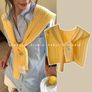 鹅黄明黄色针织小披肩坎肩搭肩女空调房护颈网红外搭配衬衫薄围巾