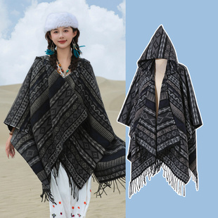 民族风外搭大斗篷披肩披风男女冬季户外大氅连帽新疆云南旅游穿搭