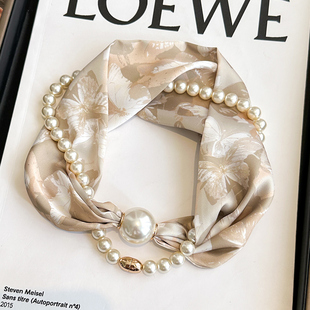 磁吸扣珍珠项链系脖小长条丝巾女妈妈护颈围脖子配饰搭配衬衫 围巾