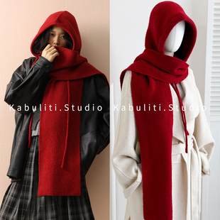 针织巴拉克拉法帽包头帽护颈长围脖女护耳酒红色厚围巾连帽子一体