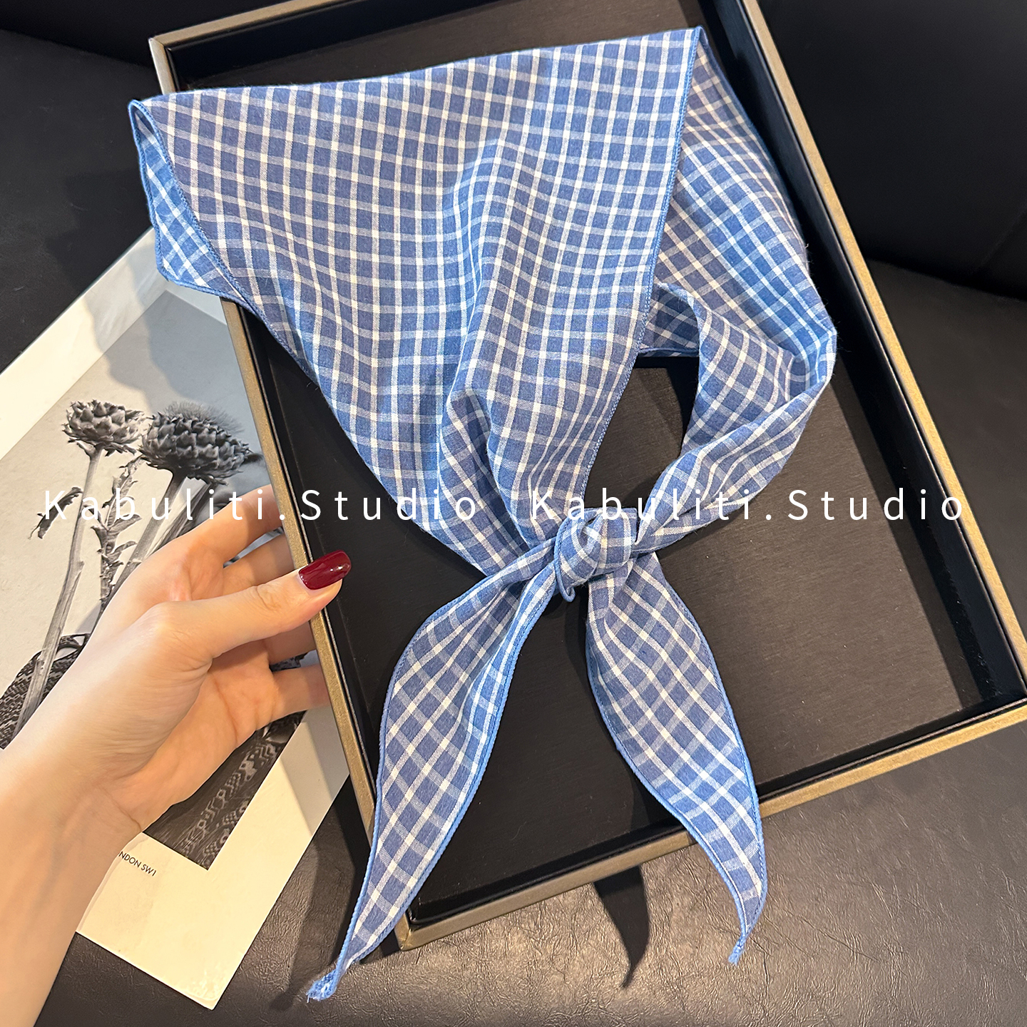 浅蓝格子春秋夏季领巾发带