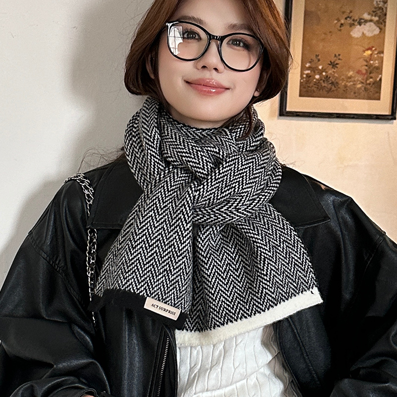 水波纹针织毛线厚围巾男女情侣生日礼物冬季黑色护颈儿童短小围脖