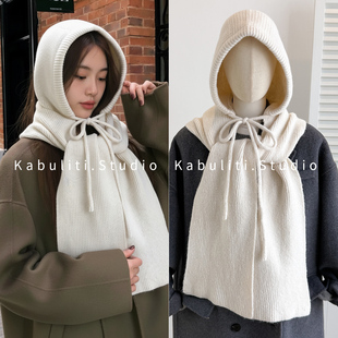 针织毛线巴拉克拉法帽包头帽子护颈长围脖女护耳罩厚围巾连帽一体