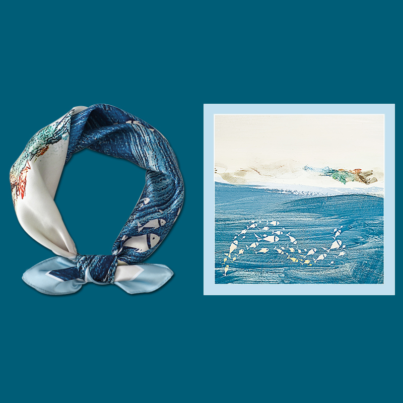 小方巾丝巾女蓝色油画搭配衬衫薄