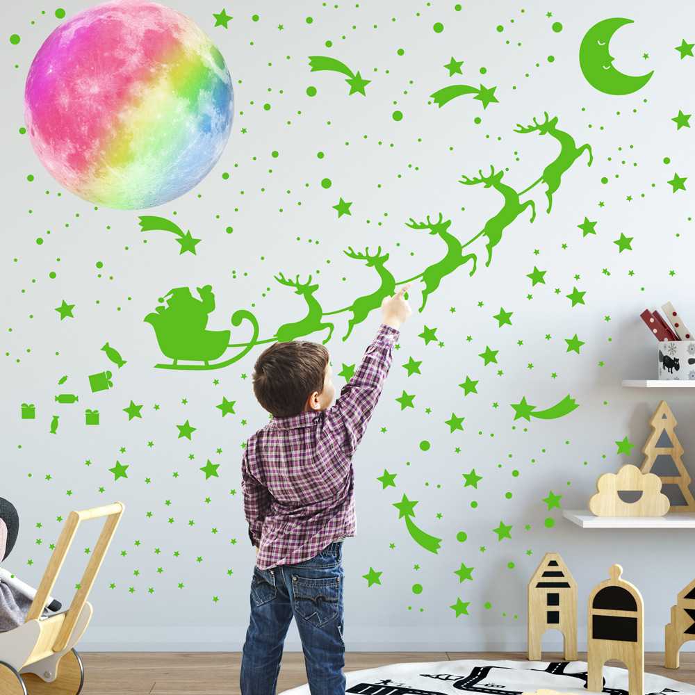 新款直销30cm彩虹色夜光月球 圣诞小鹿马车夜光墙贴星星流星圆点