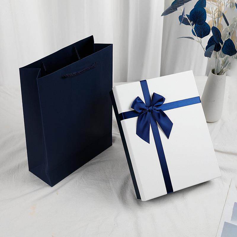 新款直销礼盒现货长方形蓝白色礼物盒子包装盒商务蝴蝶结天地盖礼