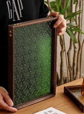 新款直销复古绿色压花海棠花玻璃托盘实木托盘咖啡盘家用茶托装饰