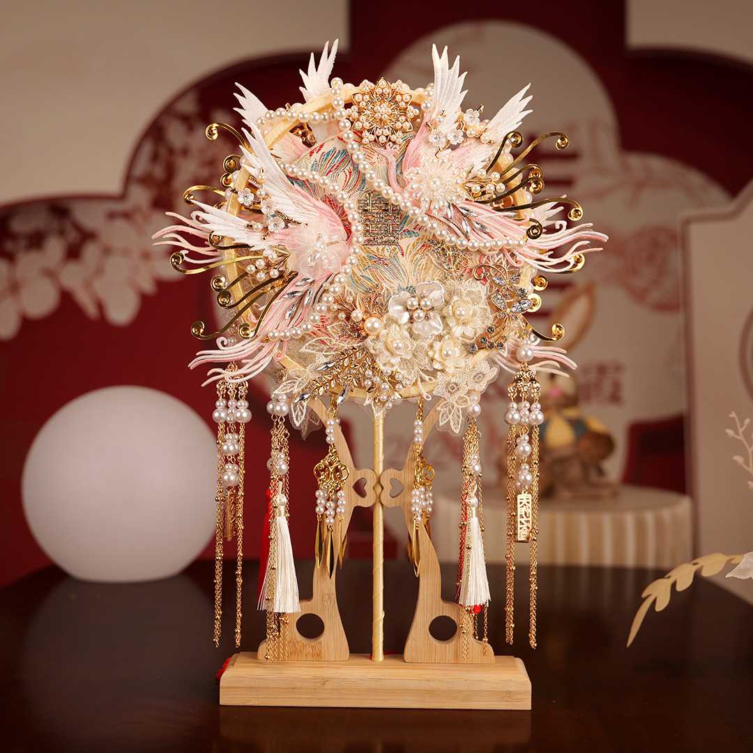 新款直销新娘喜扇diy手工新款长柄中式秀禾扇出嫁遮面双色双面团