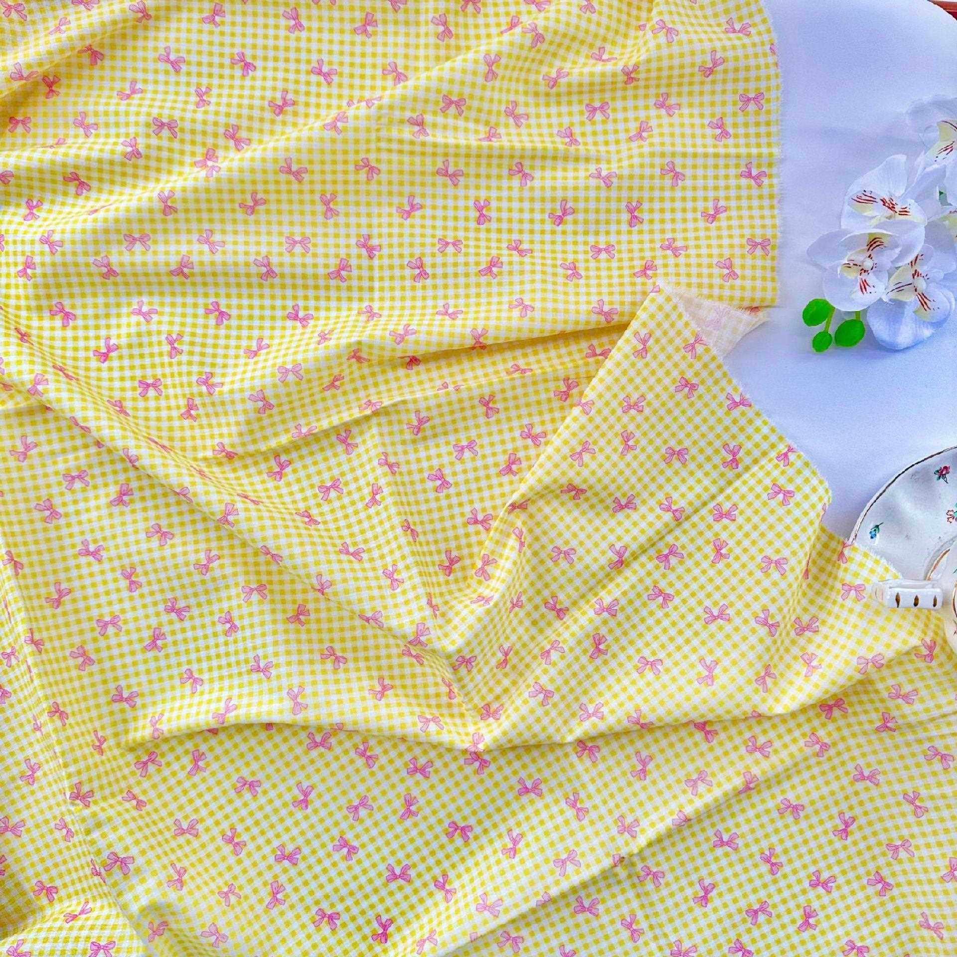 新款直销全棉60支数码印花面料 小清新格子蝴蝶结花布女装童装家
