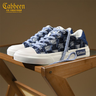 卡宾男鞋2026新款春季男士牛仔拼接板鞋蓝白格纹百搭潮鞋休闲鞋子