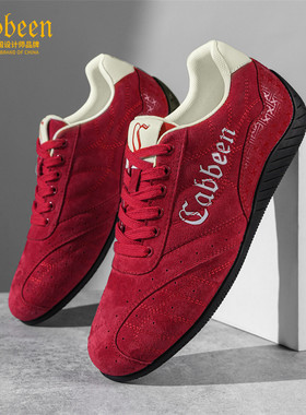 卡宾男鞋2026春季新款复古德训鞋红色翻毛皮板鞋百搭高级感休闲鞋