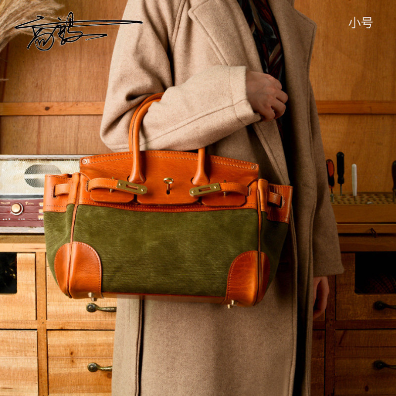 Behfxy复古手提斜跨单肩包手工植鞣皮拼接重工拼色帆布通勤铂金包,箱包皮具/热销女包/男包,通用款女包,淘宝优惠券,粉丝福利购,淘宝优惠卷