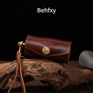 Behfxy帛雲 手工植鞣牛皮真皮圆筒形文玩核桃盒 复古高级收纳皮盒