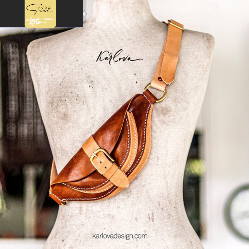 古月素兮手工植鞣头层牛皮胸包植鞣革男女斜跨百搭腰包养牛原色