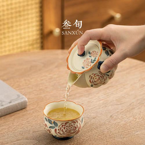 叁旬花漾玫瑰盖碗茶杯旅行茶具