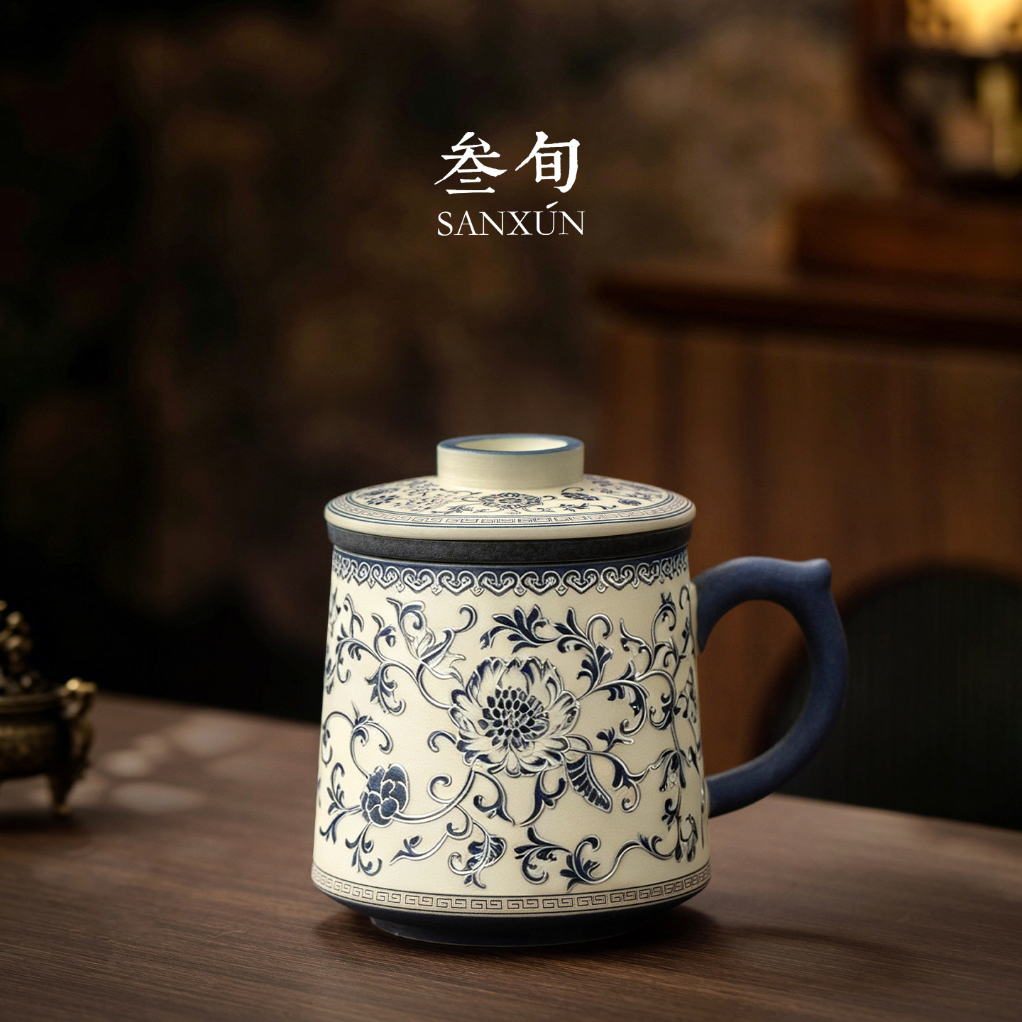 叁旬银缕繁华泡茶杯陶瓷茶水分离杯家用办公高档马克杯送长辈老师