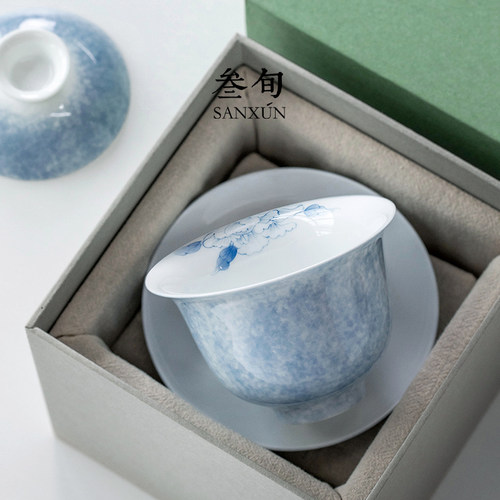 叁旬手绘蝶恋花盖碗陶瓷茶具