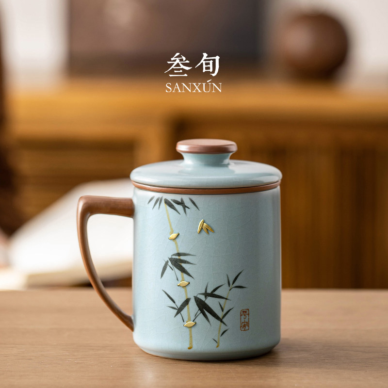 叁旬高档汝窑茶杯陶瓷茶水分离杯图片