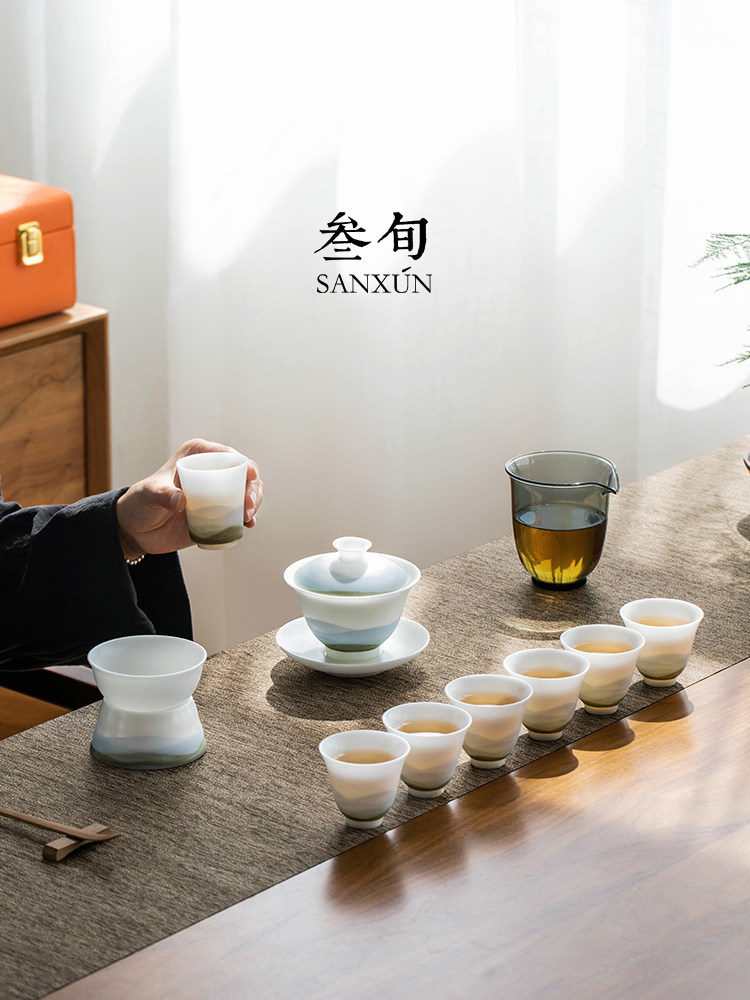 三十岁冰玉瓷茶具套装家用有盖碗茶杯功夫茶具套装商务礼品全套高