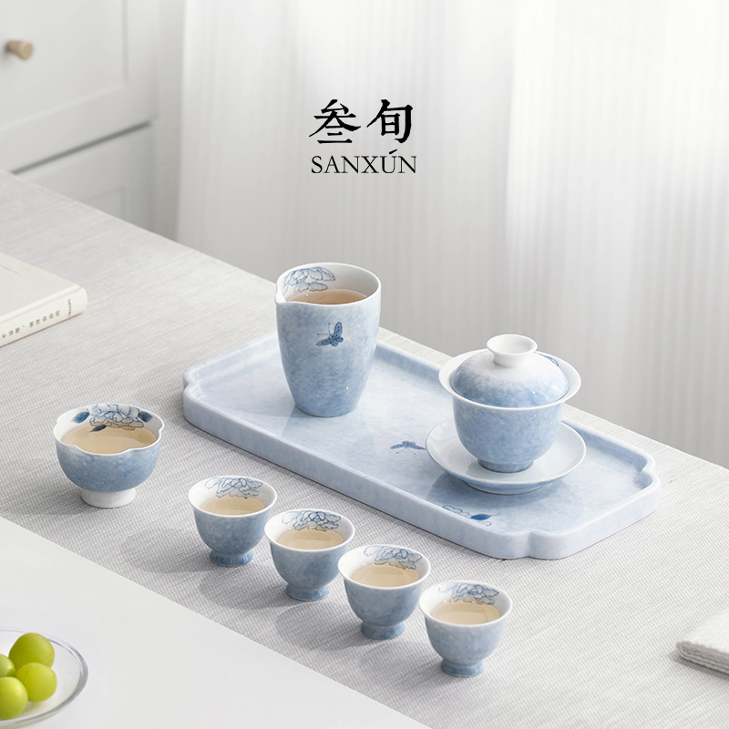 叁旬手绘蝶恋花盖碗茶杯茶具套装