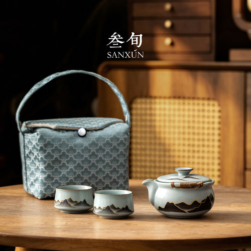 叁旬温感汝窑手抓壶旅行茶具