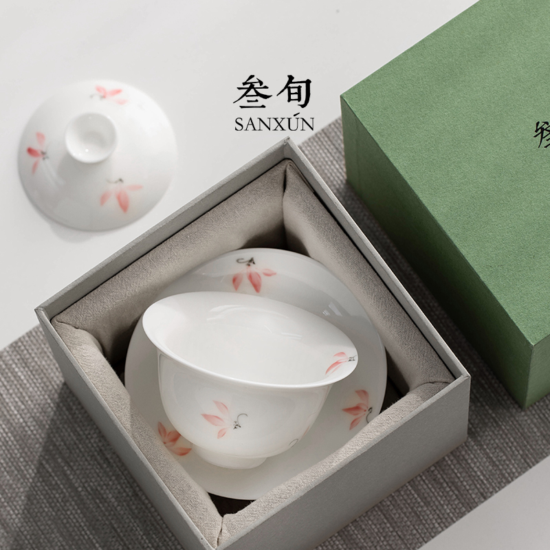 叁旬手绘粉兰三才盖碗