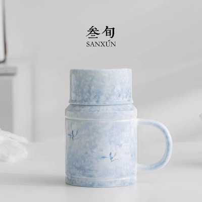 叁旬手绘兰花泡茶杯大容量茶水分离杯子办公室陶瓷带盖过滤马克杯