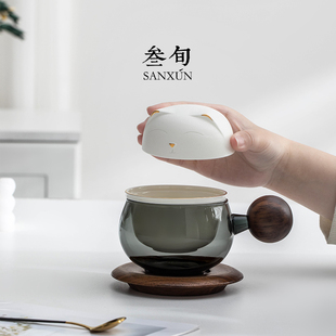 叁旬招财猫玻璃轻奢茶咖茶水分离泡茶杯一体杯办公室高档咖啡杯子