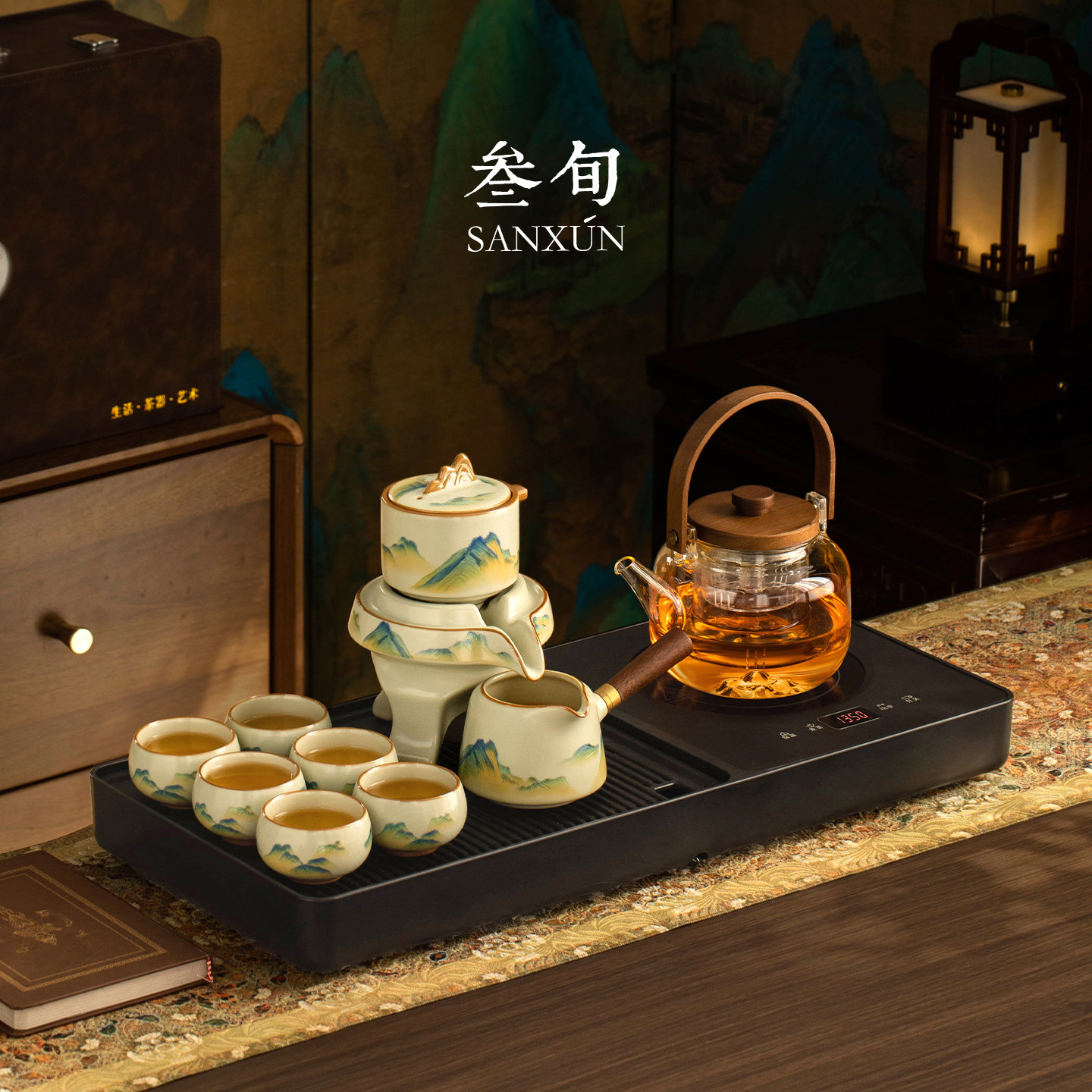 叁旬千里江山汝窑泡茶壶功夫茶具茶盘套装自动烧水壶一体泡茶专用