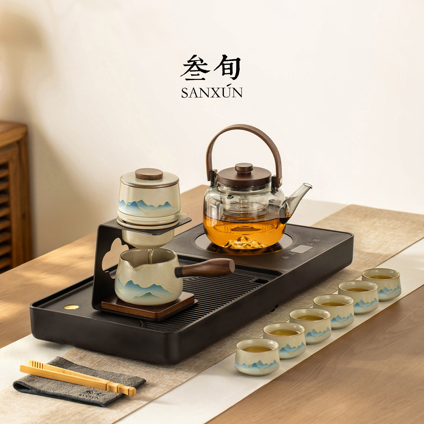 叁旬温感汝窑行云自动茶具茶台盘一体整套装泡茶专用烧水蒸煮茶