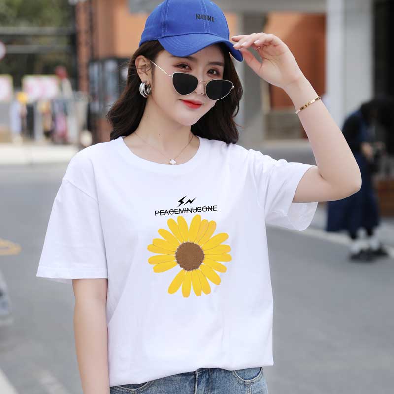 纯棉短袖t恤女士2020年新款夏季超火ins宽松网红小雏菊大码上衣潮