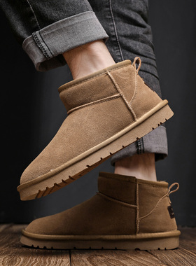 加绒牛皮男士雪地靴男款短筒保暖棉鞋加厚真皮防滑短靴面包鞋冬季