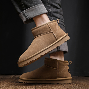 加绒牛皮男士雪地靴男款短筒保暖棉鞋加厚真皮防滑短靴面包鞋冬季