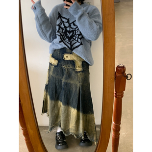 小胖噔美式 裙子 复古重工牛仔半身裙女秋冬大码 拼色胖mm毛边中长款