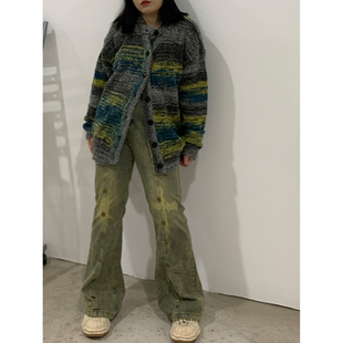显瘦阔腿拖地裤 小胖噔美式 复古微胖大码 重工微喇叭牛仔裤 子 女秋季