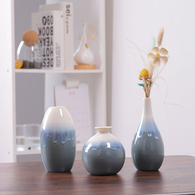 流釉窑变蓝色陶瓷花瓶摆件 家居装饰素烧白花瓶花插三件套装