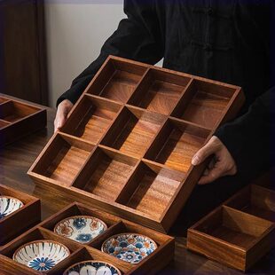 复古色九宫格家用竹木托盘四宫格零食乾果盘高档茶室会所点心拼盘