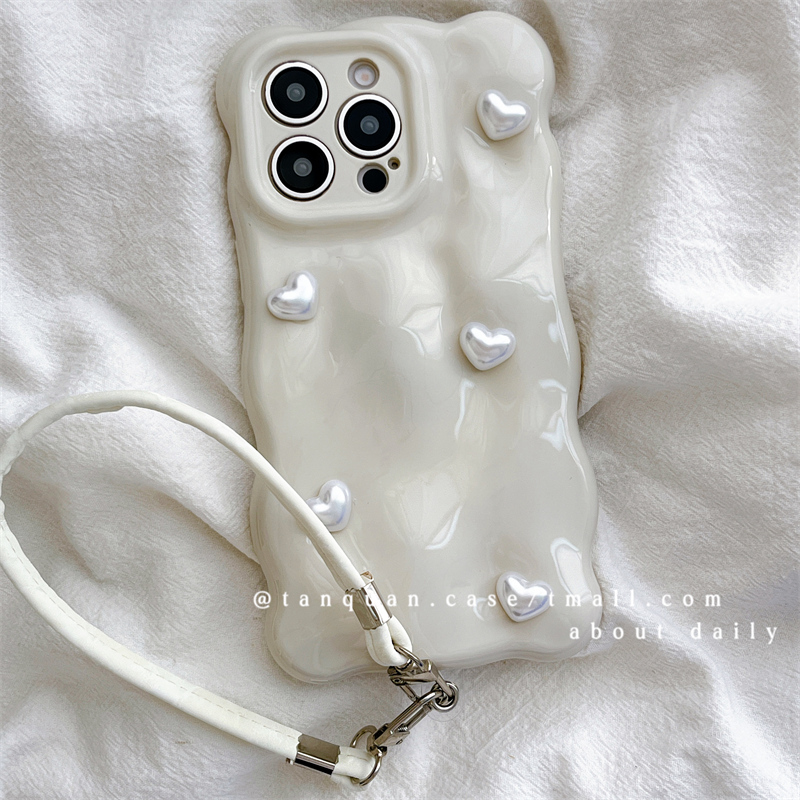 ins简约奶白立体爱心挂绳适用iphone15苹果14pro手机壳13promax新款12女13pro日韩14高级13防摔12pro全包软壳