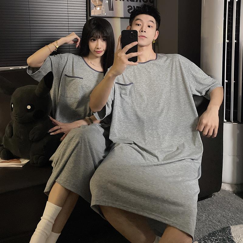 舒适纯棉睡裙男夏季薄款睡袍长袍连体睡衣情侣款家居服中长款浴袍