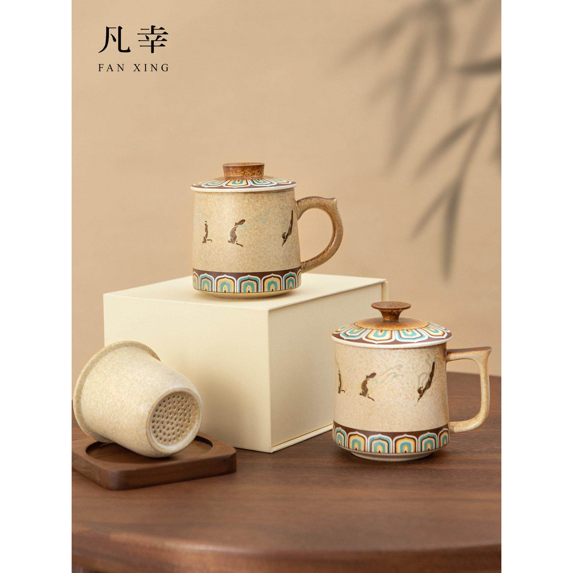 敦煌文创陶瓷泡茶马克杯带盖办公室家用过滤水杯茶水分离杯子定制