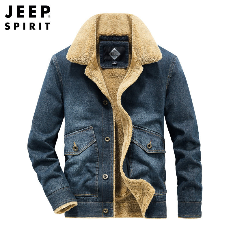 JEEP吉普官方中年款男装正品牛仔棉服男冬季休闲夹克加绒加厚外套