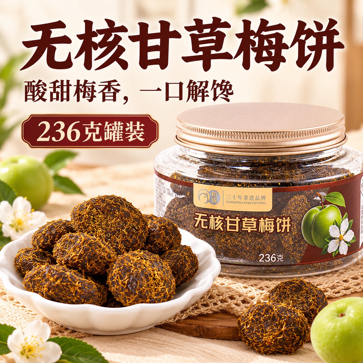 和成无核甘草梅饼罐装果脯蜜饯休闲零食果脯类话梅高品质果肉厚切